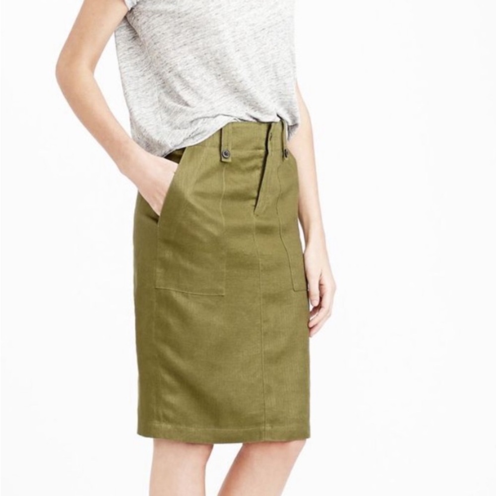 J. Crew 100% Linen Cargo Pencil Skirt Army Green Safari Size 0